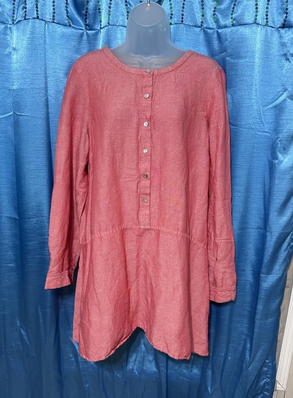 J. Jill Gorgeous Linen Blend Tab Sleeve Tunic Blouse dress Top Pink Coral L
